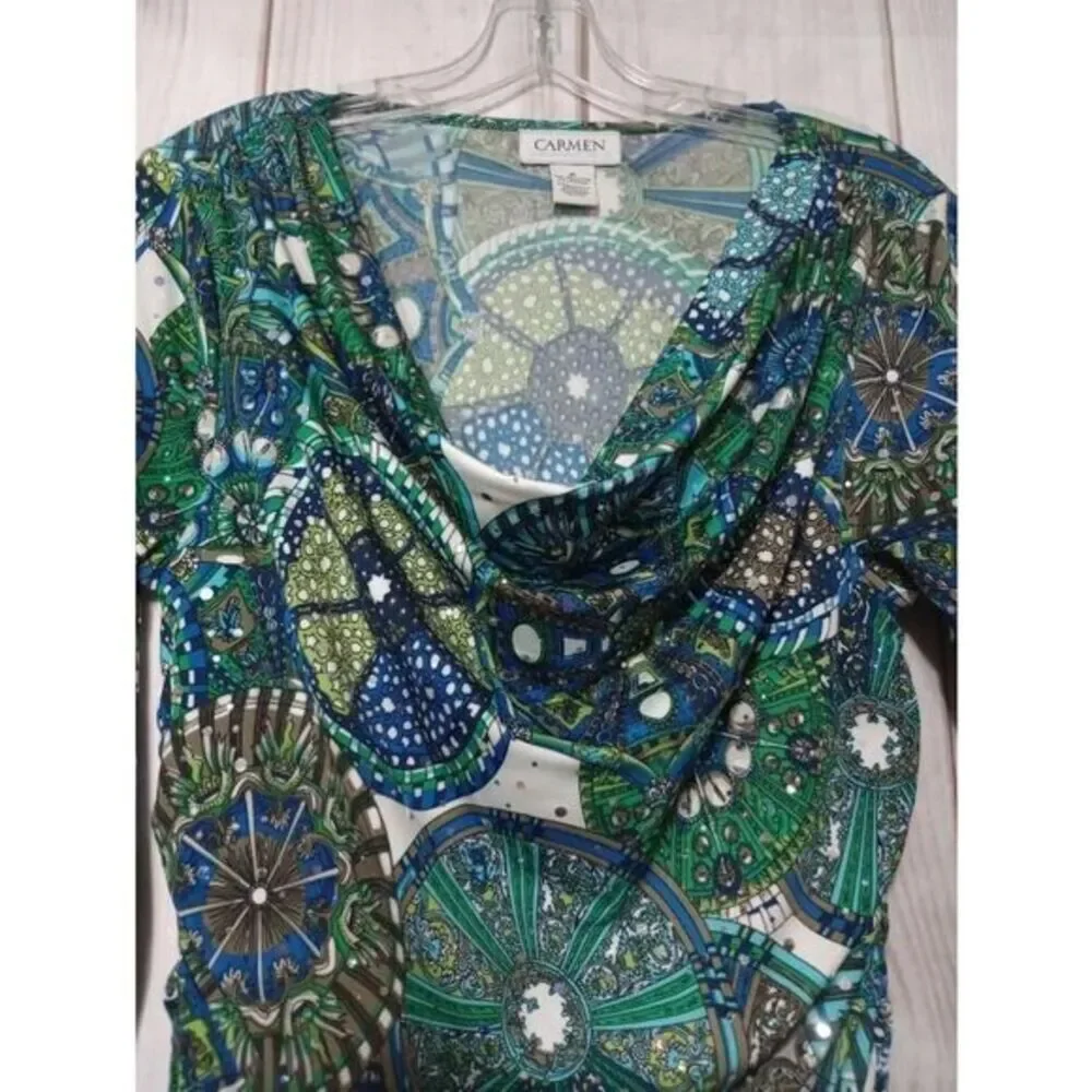 Carmen Marc Valvo Women‎ Green Blue Geometric Print Cowl Neck Sequin Blouse M - Picture 3 of 6